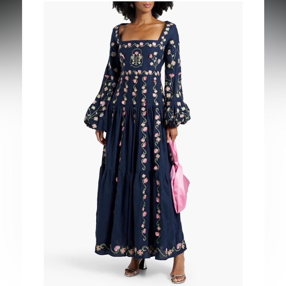 AGUA BENDITA SIENA TREBOL HAND-EMBROIDERED LINEN MAXI DRESS NWT